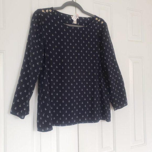 J Crew 100% Silk Nautical Blouse - Size 12 - Navy w/ Anchor Print - Picture 4 of 13